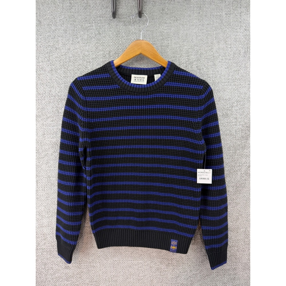 Scotch & Soda Sweater Kids Large Black Blue New Striped Waffle Knit Crewneck